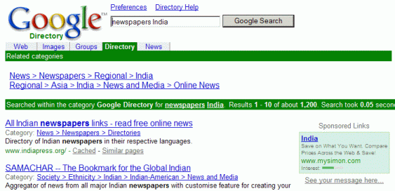 Results from looking up [ newspapers India ] on Google Directory