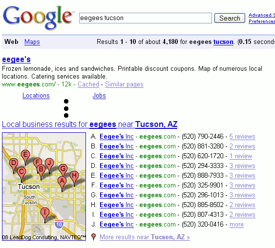 Google Results Page showing a map and ten business locations