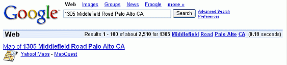 A screen shot of the links to maps showing 1305 Middlefield Road Palo Alto CA