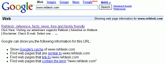 Screen shot with results from search for [ www.refdesk.com ]