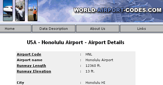 Screen shot of Honolulu airport information