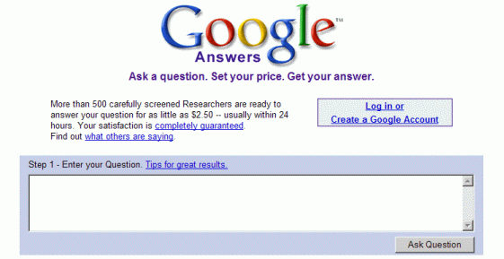 Screen shot of the Google Answers home page