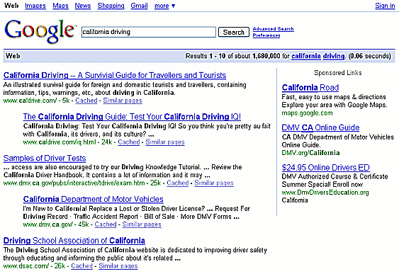 Screen shot of Google search results for "california driving"