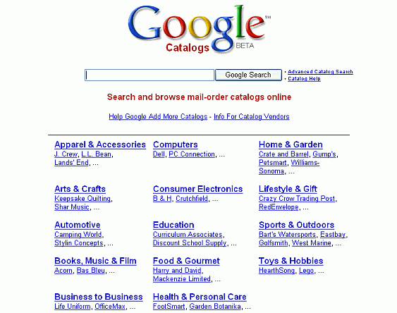 Screen shot of Google Catalogs home page.