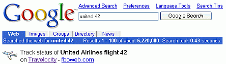 Screen shot of links to flight information