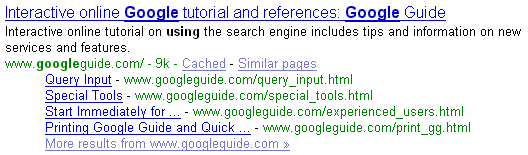 Google search result including useful links from within site
