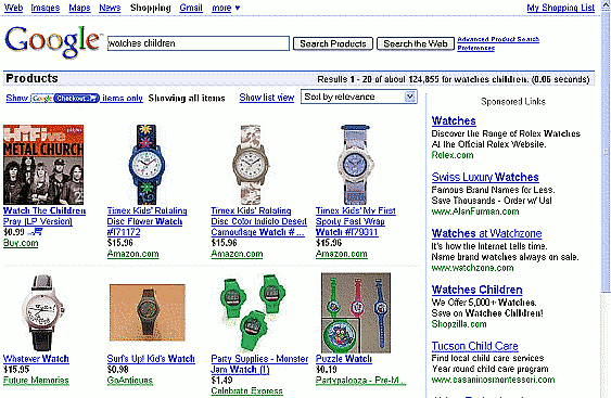 Google Product Search results for [ watches children ] using grid view