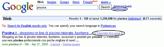 Results include a "Translate this page" link when Google finds a page in a language different from your language of choice.