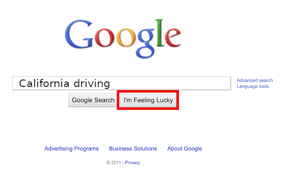 Google's home page with [ California driving ] and Im' Feeling Lucky button highlighted