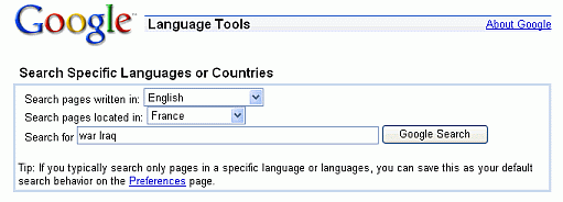 A screen shot of restricting a search for [ war Iraq ] to pages in France that are written in English