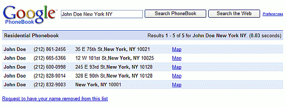 Screen shot of a Google PhoneBook listing.