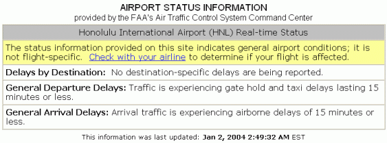 Screen shot of airport status information