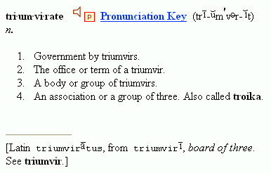 Screen shot of one of the dictionary definitions for "triumvirate"